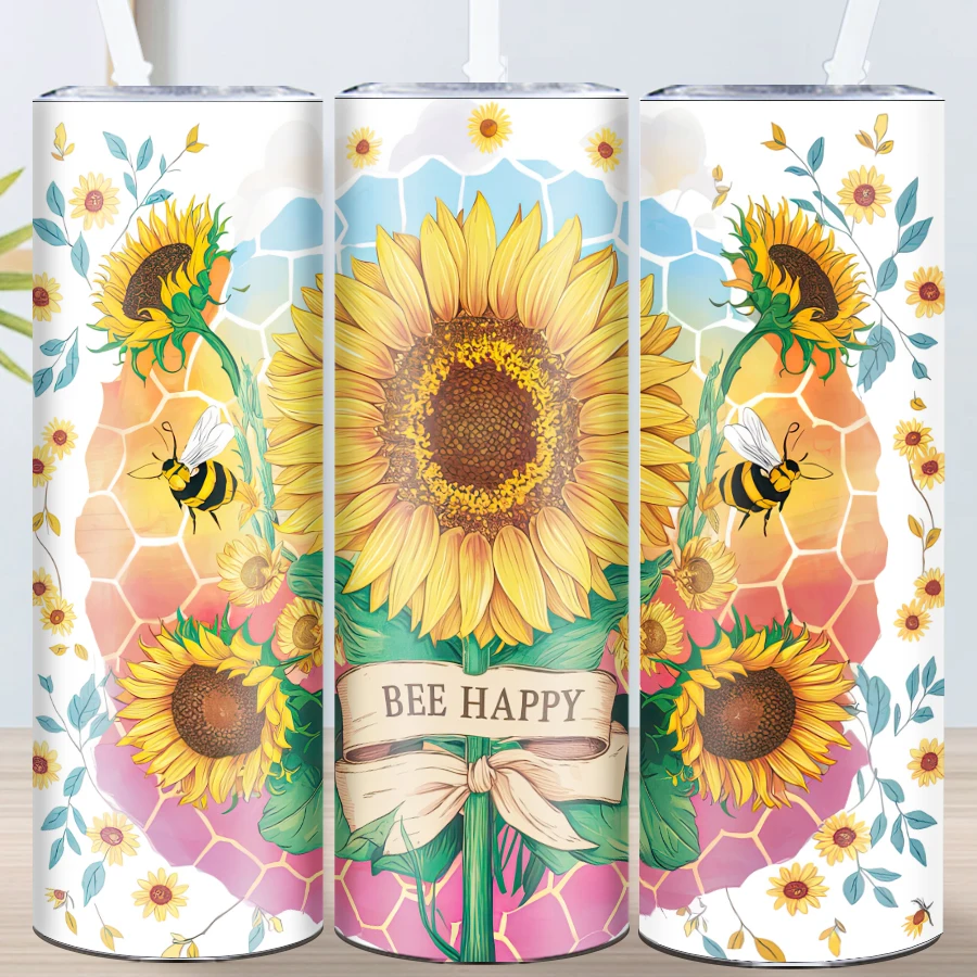 20oz Party Water Mug Straw Lid Stainless Steel Insulated Straight Bottle 3D Print Sunflower Family Festive Gift Home Decors