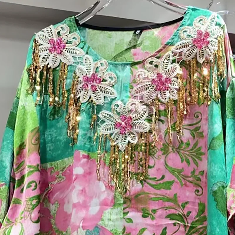 National Style Floral Beaded Chiffon Shirt Women 2024 Summer Mid-Length Round Neck Flower Embroidery Tassel Casual Loose Top