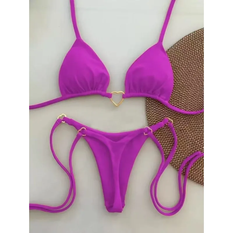 Women Bikini Set Contrast Gold Heart Ring Detail Triangle Top With Tie Side Thong Bottom Sexy Summer Beach Bathing Suit Swimwear view 5