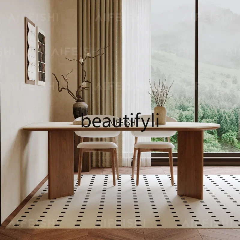 

xx1Rock slab travertine French solid wood dining table Modern small household semi-circular rectangular high-end dining table