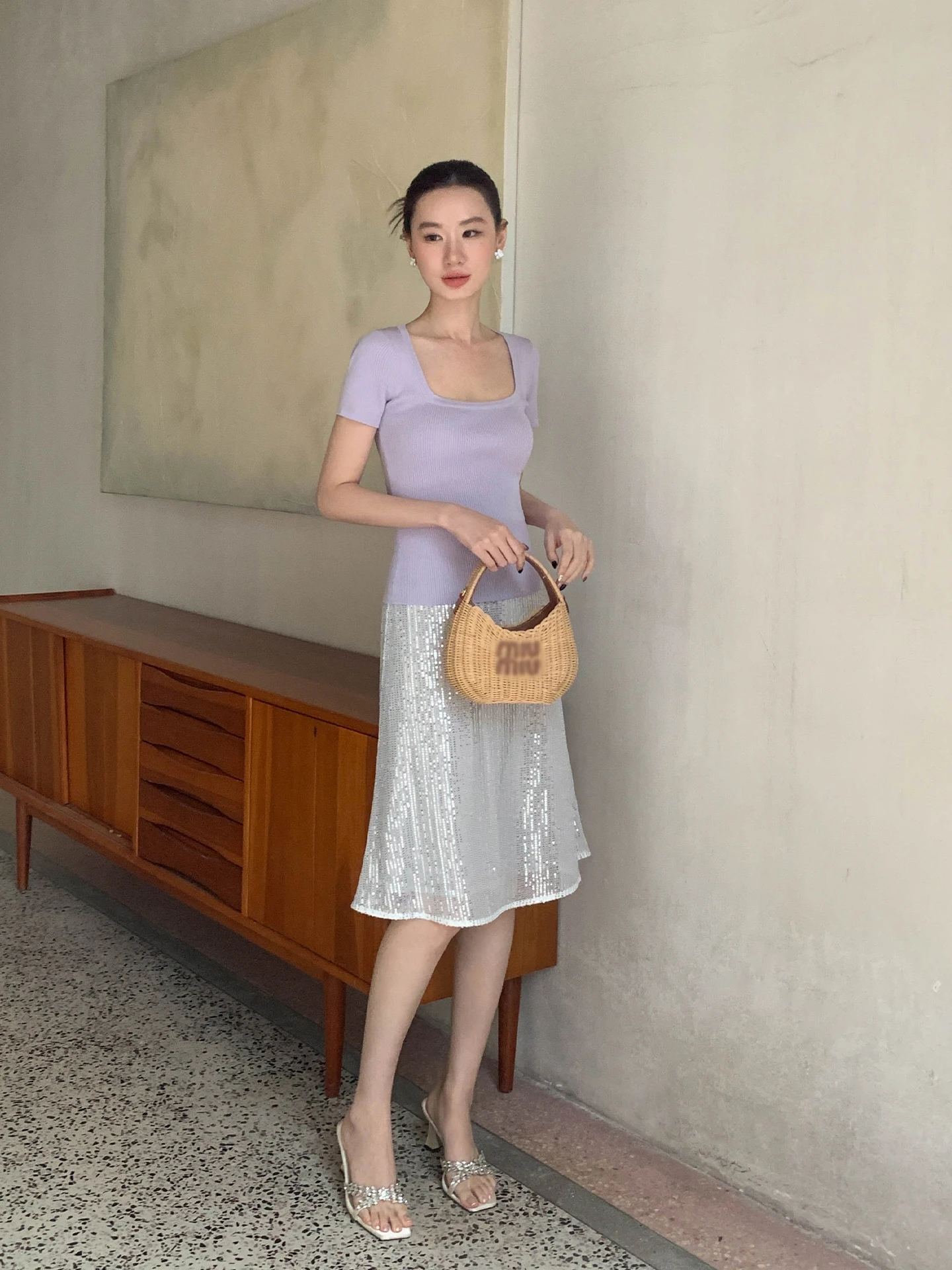 

XXNING Silver Sequin Heavy Embellished A-Line Skirt Women's High Waist Slimming Elegant Wrap Bodycon Skirt Polyester Fiber
