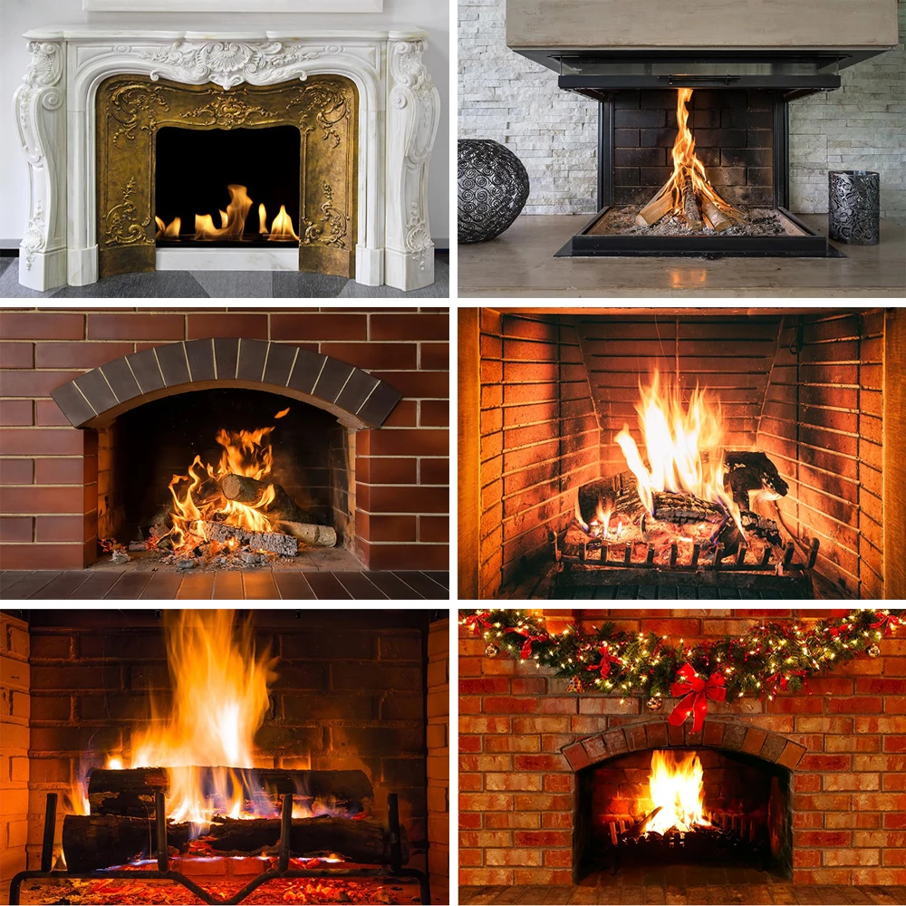 Fireplace Fire Flame Background Winter Brick Wall firewood  Christmas  Backdrop Decoration Customize Photography Studio Props