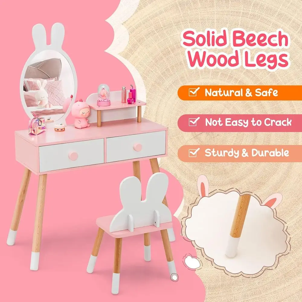 Kids Vanity Set, Girls Vanity Set with Mirror & Stool, 2 Large Ders, Storage Shel, Wooden PrincMakeup Dring Table, Kids Vanity T view 4