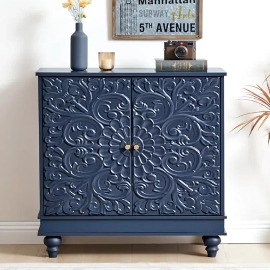 31 Accent Storage Cabinet for living room, MDF wood in white, floral embossed 2-door sideboard with smooth glide drawers and hi
