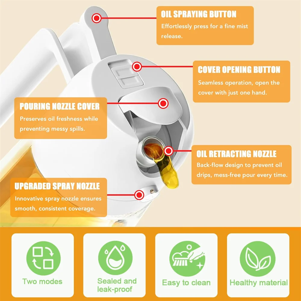 Dispensador de aceite de vidrio de 16oz/470ML con tapa abatible automática, botella de cocina 2 en 1, pulverizador de cocina, diseño a prueba de fugas, botella pulverizadora de aceite