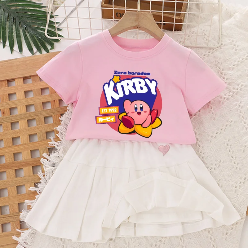 Kirbys Girls Tutu Skirt T-shirt Set Cute Tops Cartoon Anime Tees Princess Dress Kids Summer Short Sleeve Skirts Children Clothes