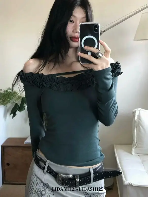 Retro One Shoulder Long Sleeve Women's T-Shirt Slim Fit Wood Grain  Design Sensation Waist in Control High-End Feeling
