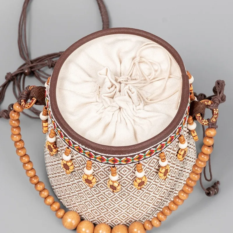 Women Woven Basket Handbag Ethnic-style Argyle Pattern Beach Bag with Wooden Beads Straps Cute Small Bags Bolsos Mujer 2026