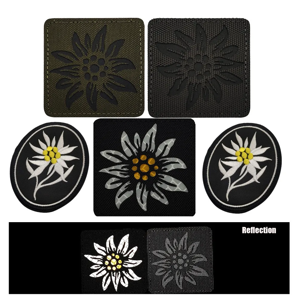 DE Edelweiss Reflective Tactical Patch Laser-Cut Night Recognition Fabric Sew-on Shoulder Patch for Jacket Backpack Hat hook&oop