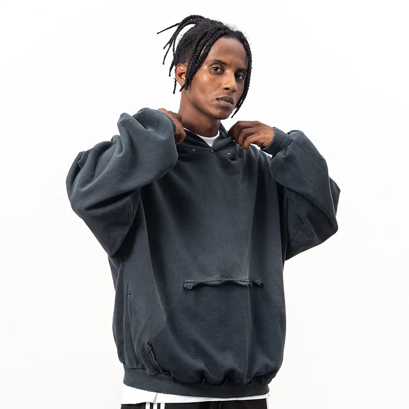 

2025 Autumn and Winter New Minimalist Hoodie Heavyweight Retro Distressed Hooded Hoodie Men's Pullover