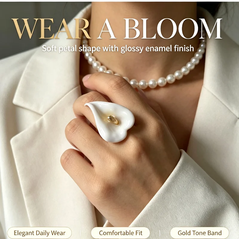 Enamel Vintage Personality Calla Lily Open Ring Unique Design Exaggerated Fashion Waterproof Rings Jewelry Gift for Women Friend