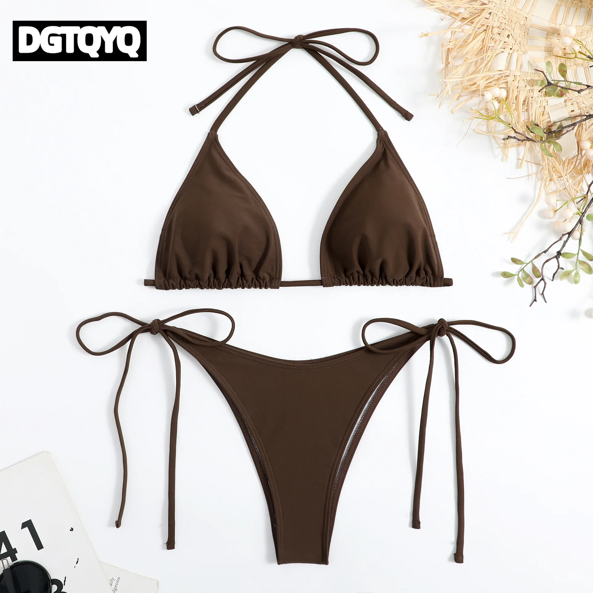 Sexy Brown Bikini 2026 Women Solid Red Halter Push Up Bra Tie Side Triangle Swimsuit Summer Bathing Suit Lace Up Micro Swimwear
