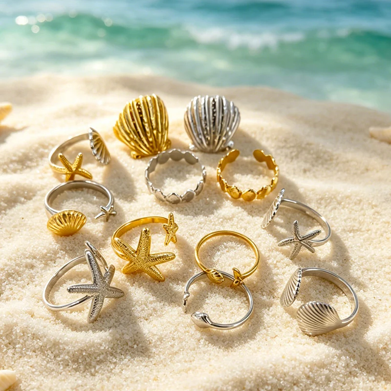 Anillos Ajustables de Acero Inoxidable Ocean Elements para Mujer, Chapados en Oro de 18K, Resistentes al Agua, con Forma de Estrella de Mar