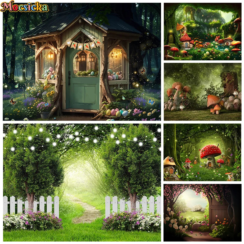 사진 촬영용 녹색 숲 배경, 자연 버섯 집 부활절 장식, 계란 아기 생일 용수철 배경, 사진 스튜디오