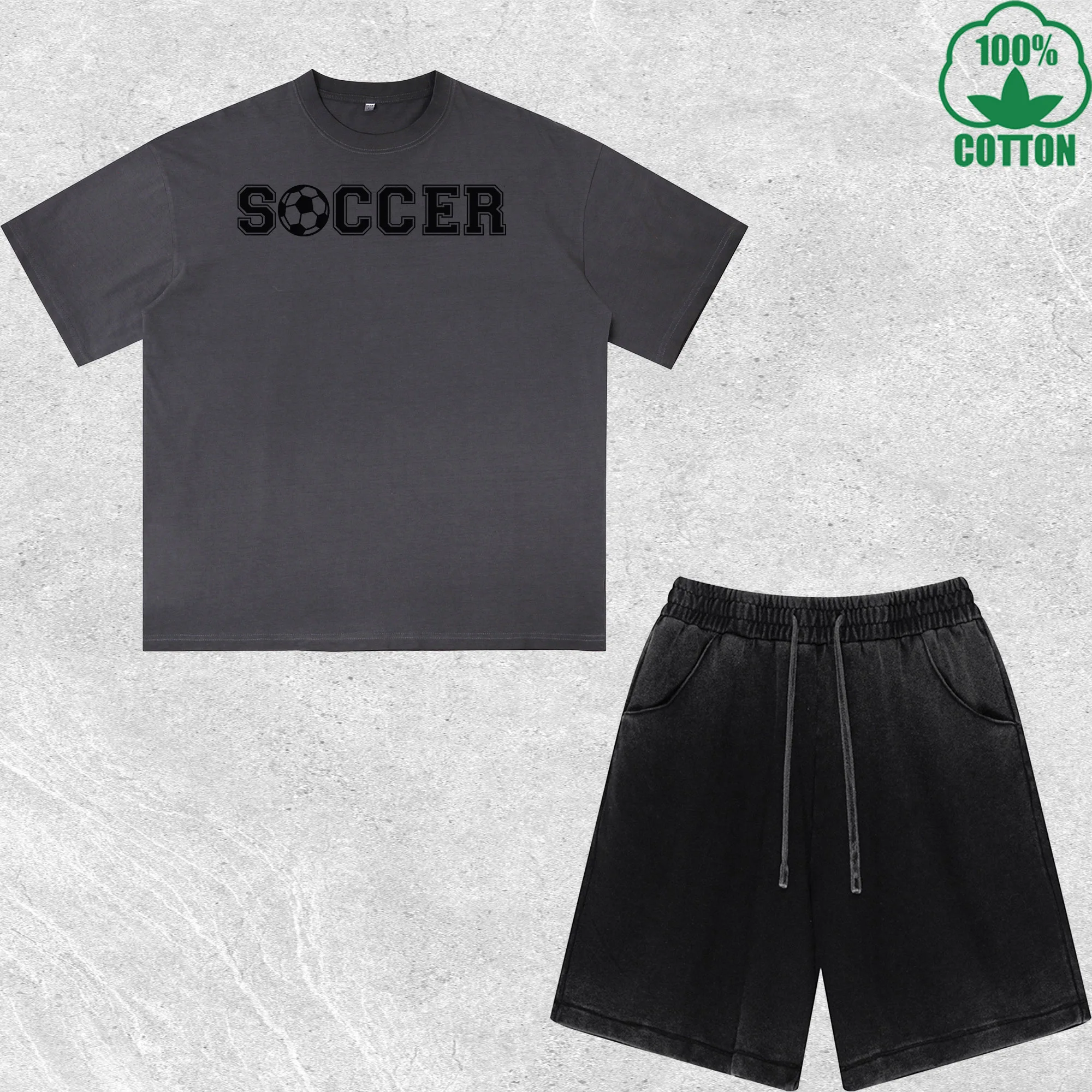 

Soccer Printed Dirty Wash T-Shirt Shorts Set Combo Loose Trendy Fashionable 100%Cotton Short Value Pack