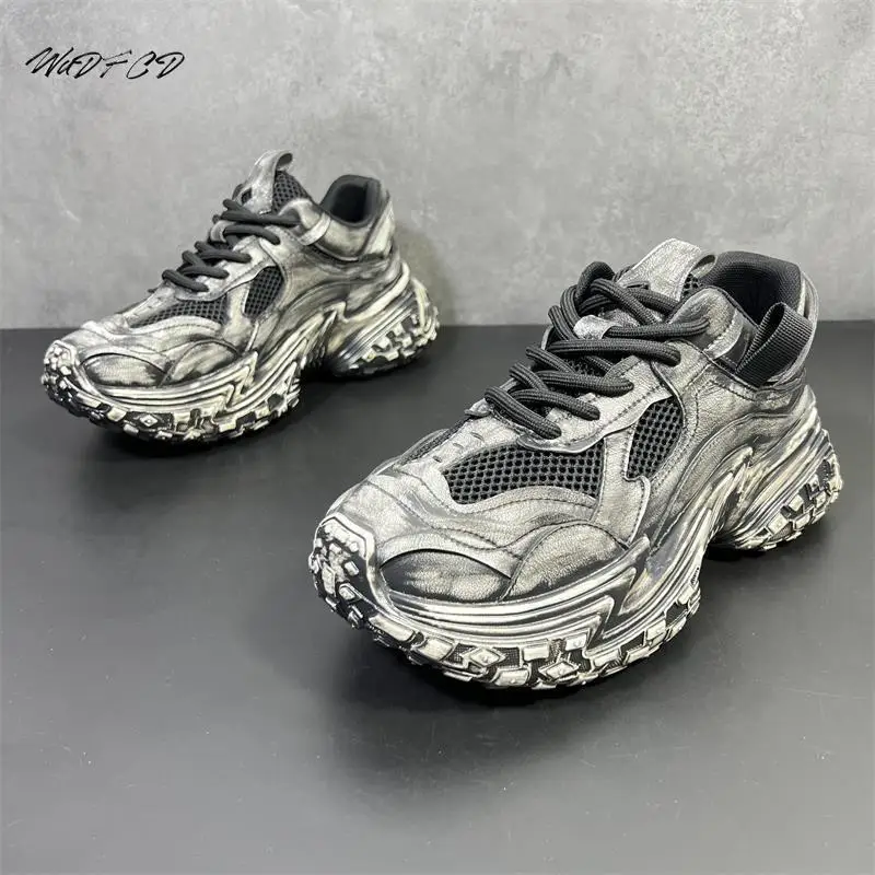 Chunky Sneaker Men Designer Tire Sole Running Shoes Fashion Casual Leather Mesh Breathable Height Increased Platform Sport Shoes