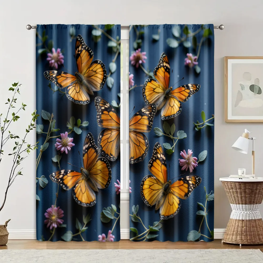 2pcs, Print Curtains Butterfly 2D print Versatile Fabric (without rod) Holiday for Bedroom & Living Room, Semi-Sheer Polyester