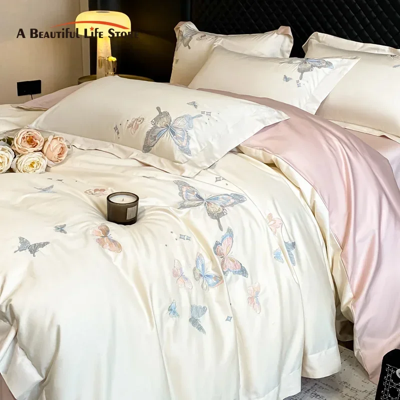 Luxury Butterfly Embroidery Bedding Set 800TC Egyptian Cotton Quilt/Duvet Cover Flat/Fitted Bed Sheet Pillowcases Home Textiles