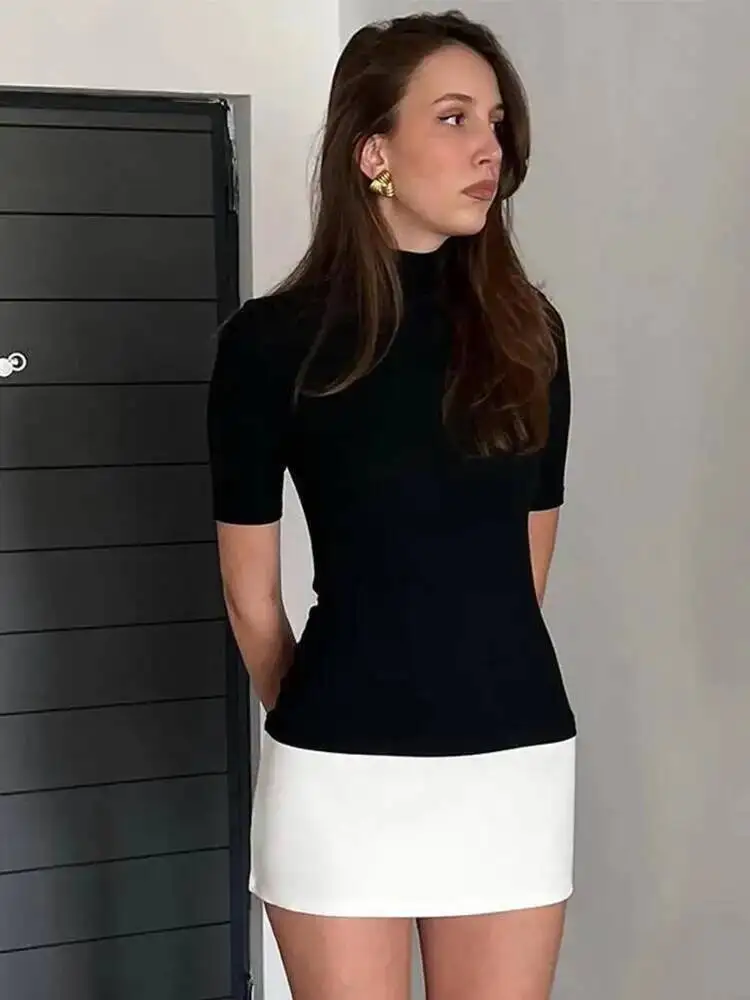 Summer  Turtleneck Half Sleeve Mini Dresses French Style Fashion Elegant Black And White Patchwork Bodycon Dress