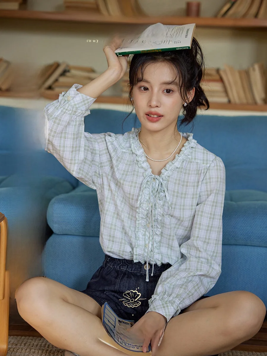 

Nov Et Sweet V-ne Bubble Sve Long Sve irt Women's Plaid Gingham Tie Waisand Cotton Retro Commute Sle irt