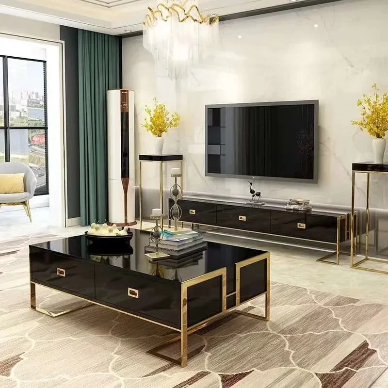 Stainless steel supply coffee table TV cabinet living room set Nordic furniture new piano glass paint creative tea table