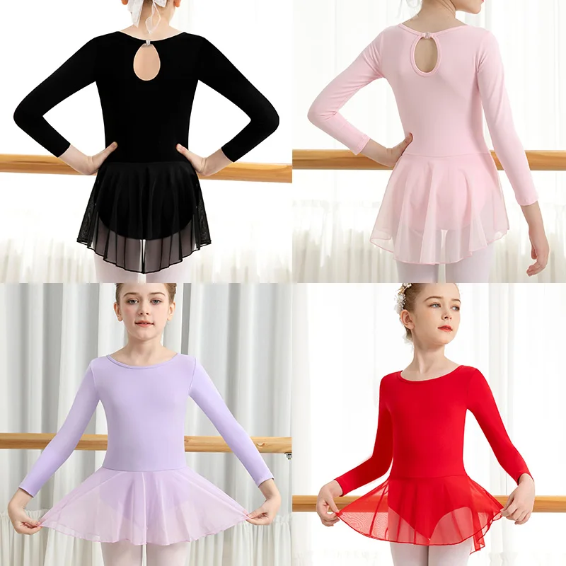 Collant de balé para meninas, vestido de dança de ginástica com contorno e botão dobrável, gota de água, costas vazadas e saia de malha