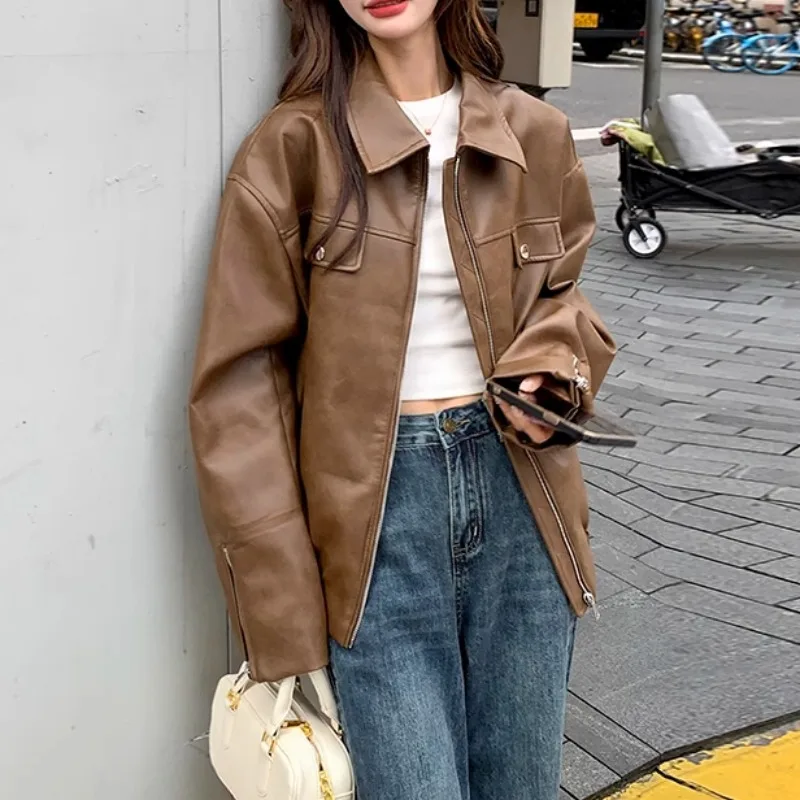 Giacca Americana in Pelle Marrone da Donna, Primavera Autunno 2026, Nuova Versione, Taglia Piccola, Inizio Autunno, Sensazione Premium