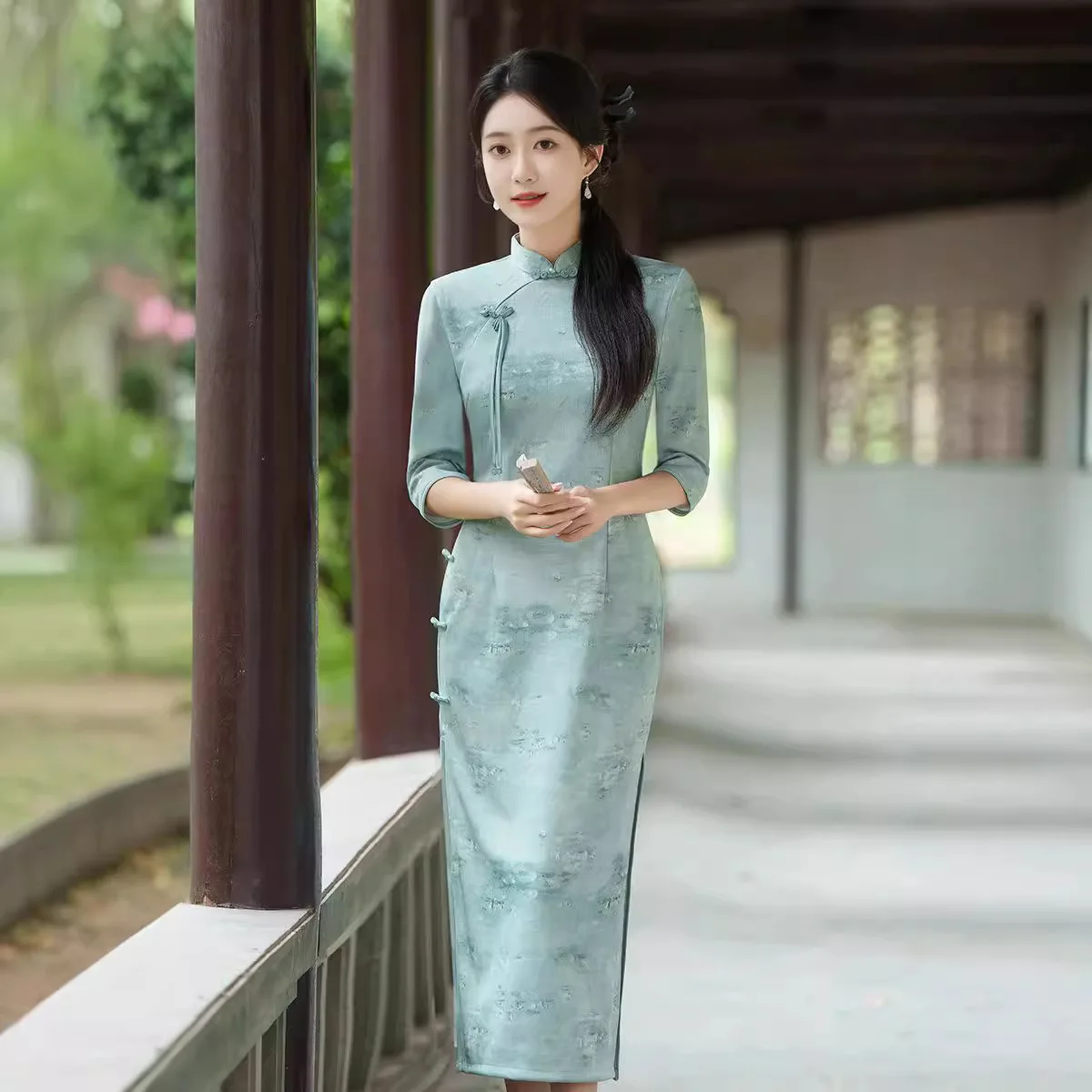 

Осеннее-зимнее бархатное платье-ципао в китайском стиле с цветочным принтом, элегантное женское платье-ханьфу