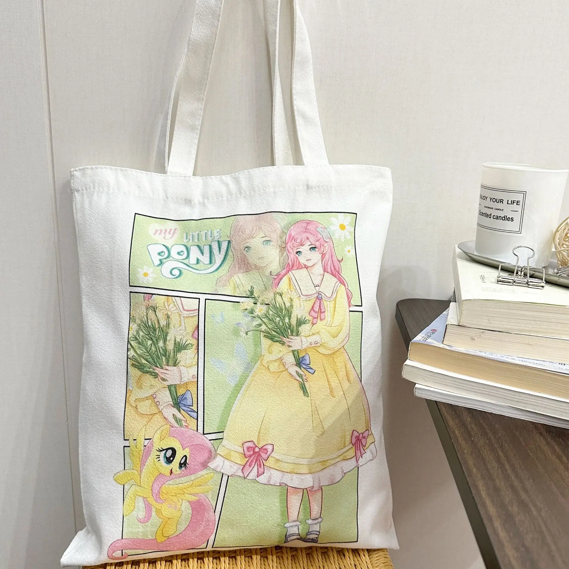 Kawaii My Little Pony Canvas Bag Pinkie Pie Fluttershy Cute Anime borsa a tracolla grande capacità Eco Friendly Shopping Bag giocattolo regalo