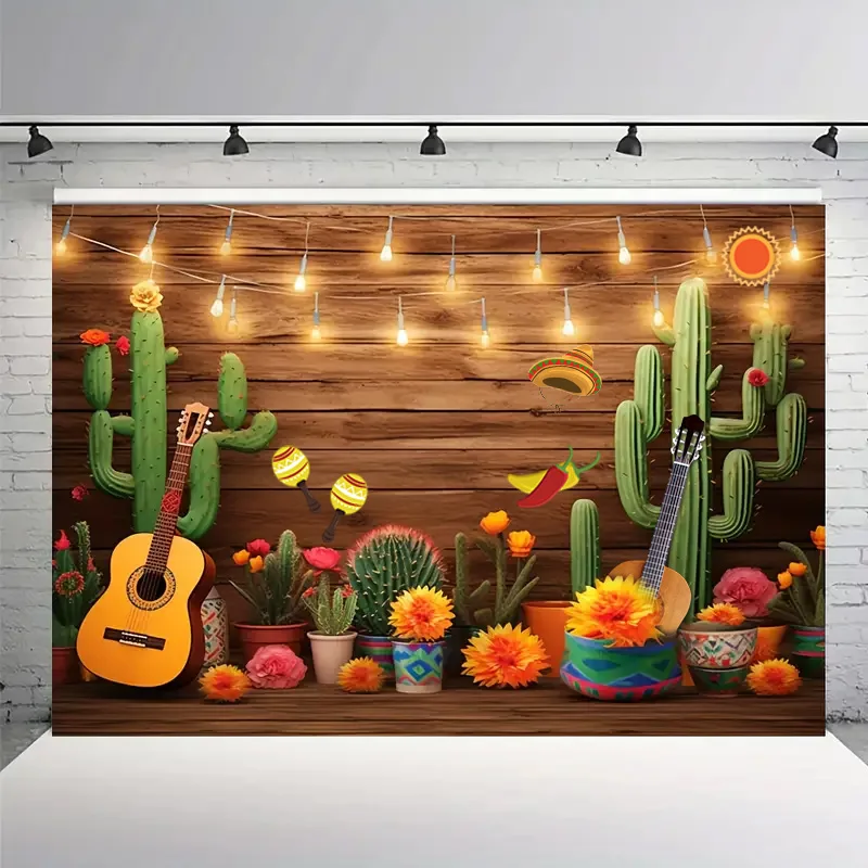 1pc Mexican Fiesta Theme Photography Backdrop Mexico Cactus Guitar Party Background Cinco de Mayo Colorful Flags Paper Flowers B