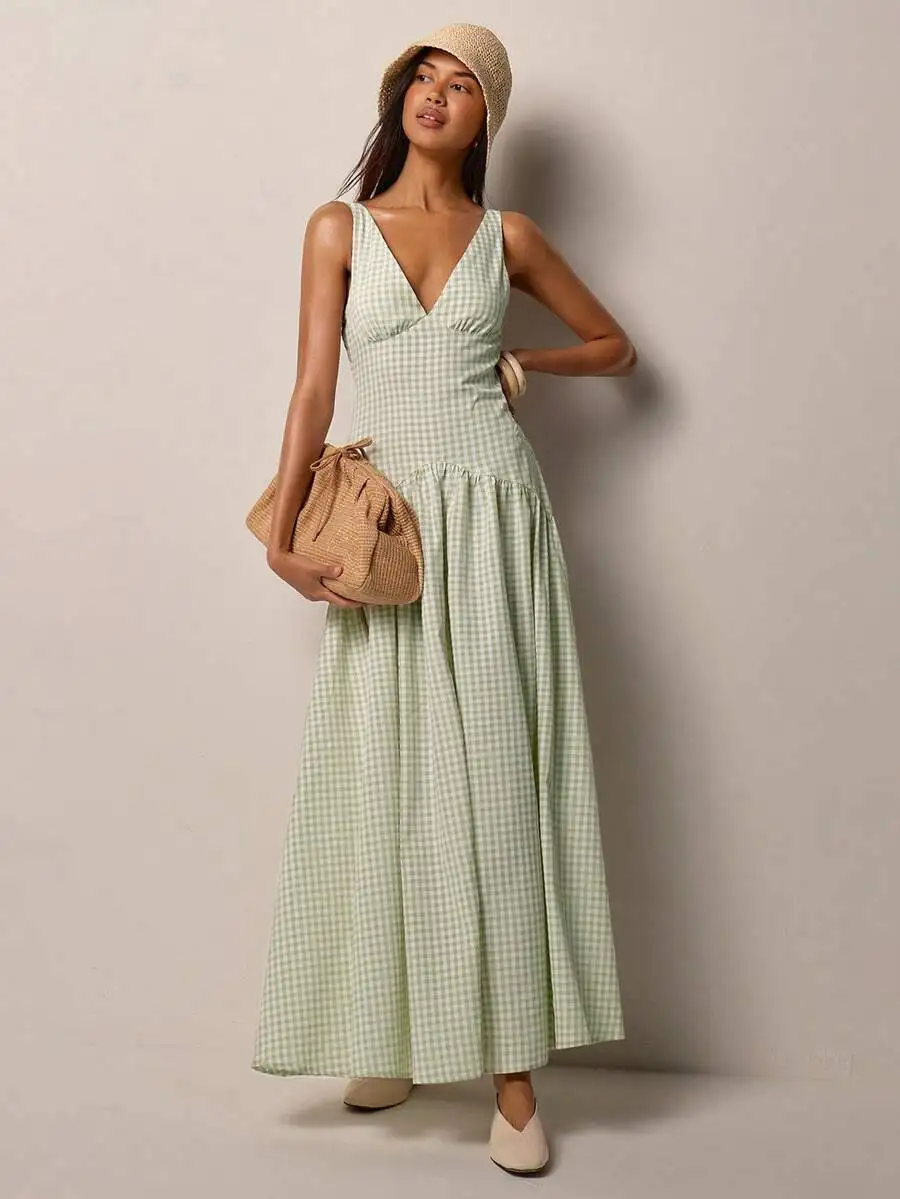 

Womens V-Neck Sleeveless Green Gingham Maxi Dress Summer Casual Flared Skirt Dress