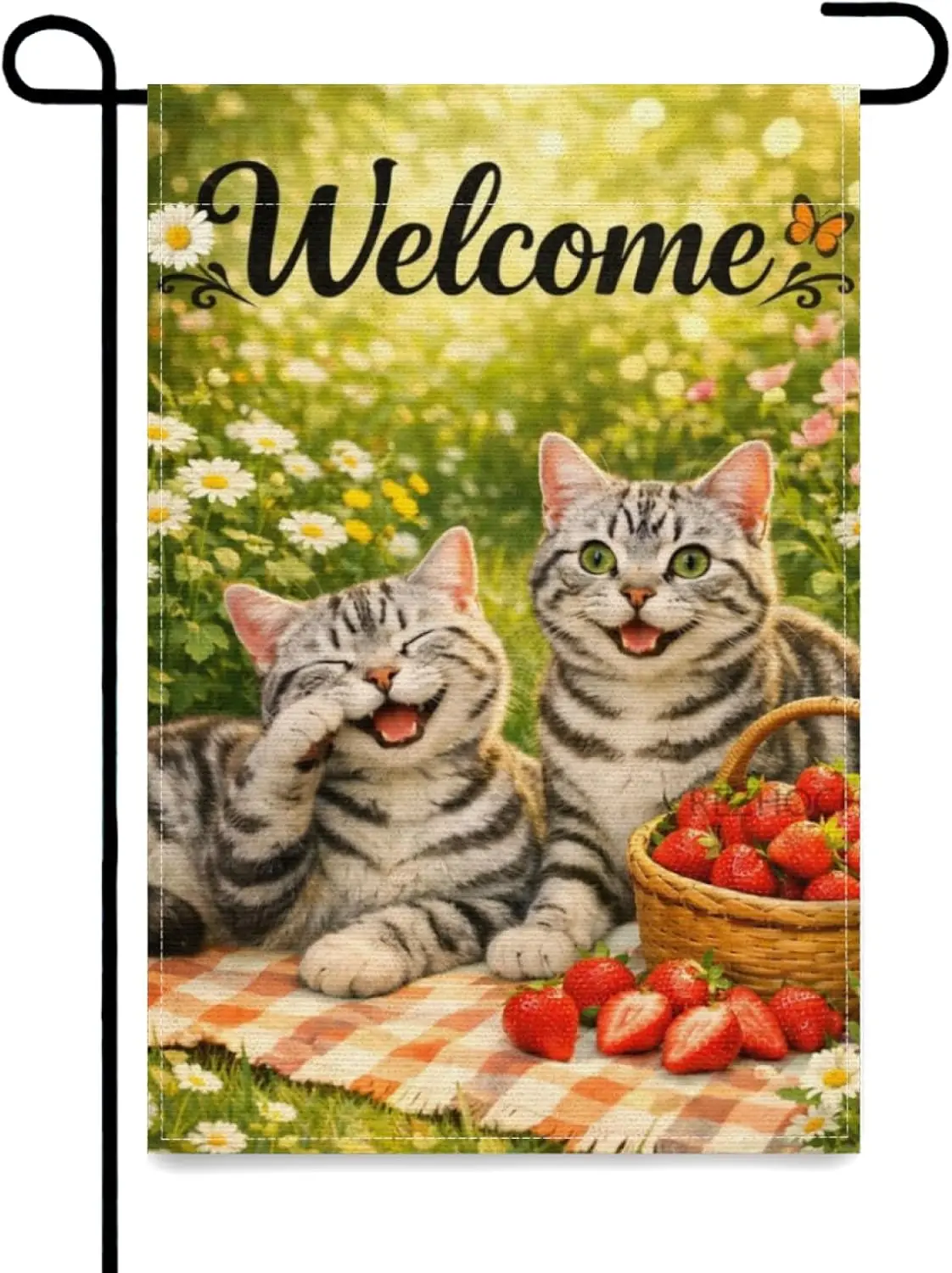 Fun American Shorthair Cat Welcom Garden Flag 12x18Inch Double Sided,Spring Summer Outdoor Yard Decor,Cute Animals Flowers S AAS