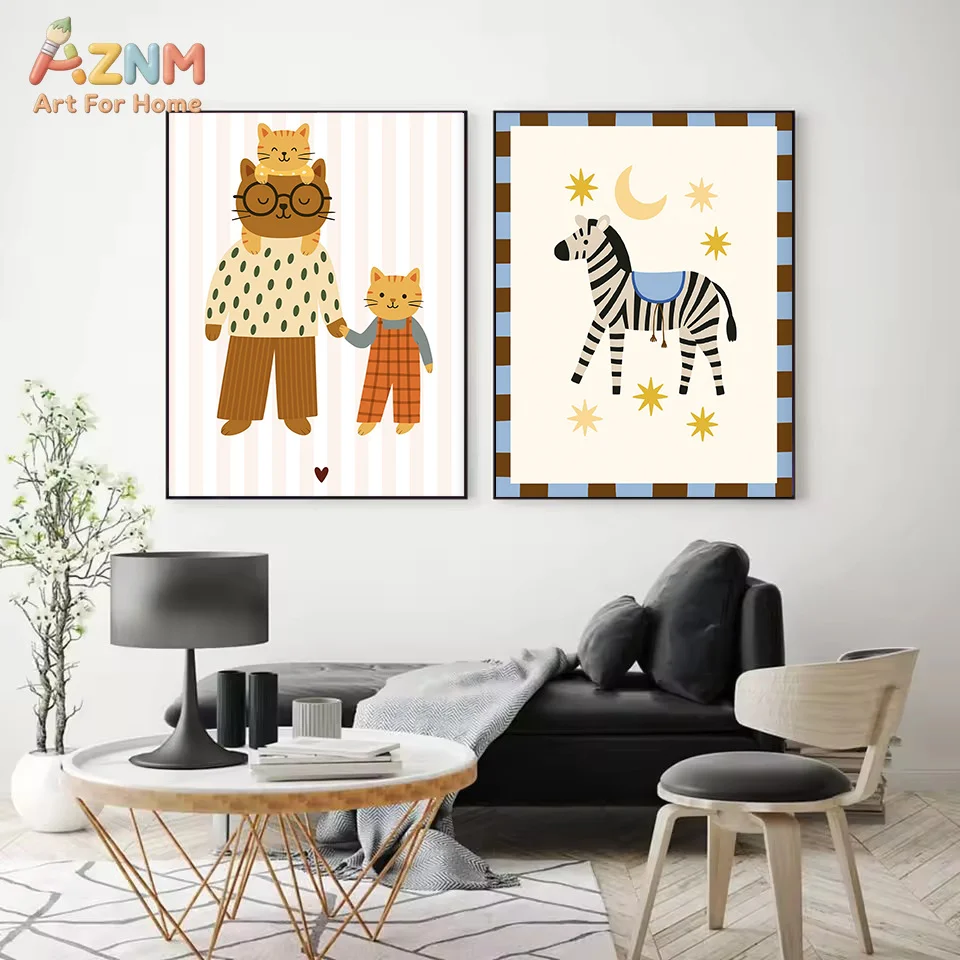 AZNM Cartoon Cute Family Cats Zebra Moon Star Canvas Wall Art Neutral Striped Animal Print Unframed Canvas Painting For Kids Nur