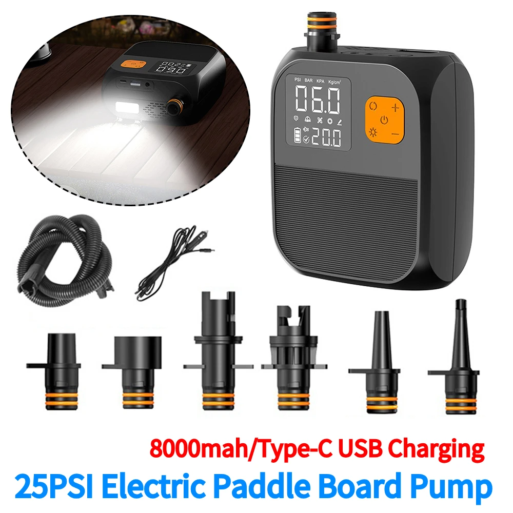 

SUP Air Pump Rechargeable Electric Paddle Board Pump 25PSI for Inflatable Stand Up Paddle Board Kayaks Boats