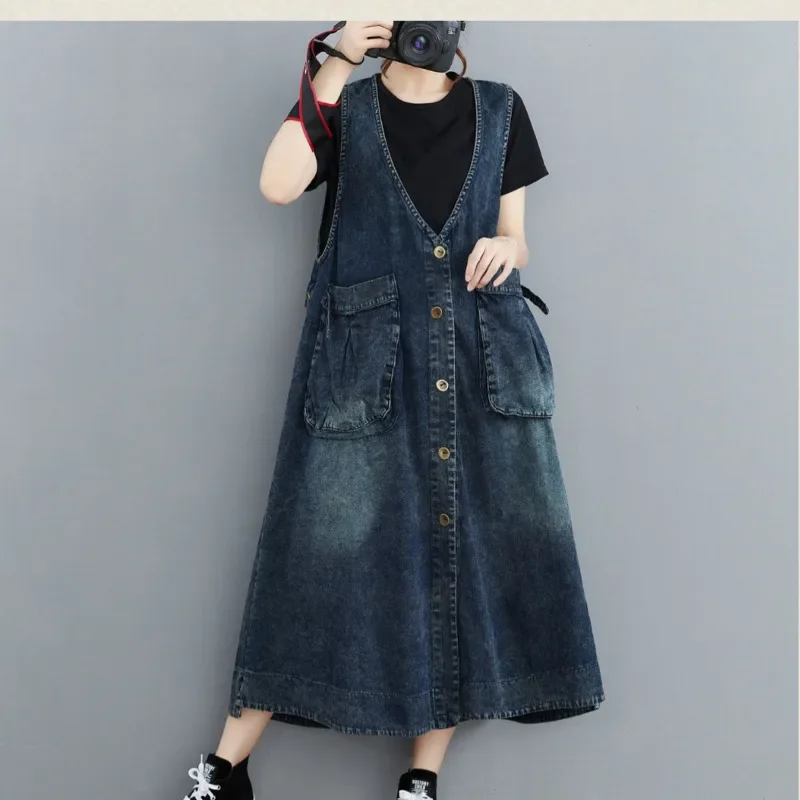 Spring Summer Vintage Sexy V-neck Buttons Pockets A-line Denim Dress Women Sleeveless Casual Loose Tank Top Jeans Dresses