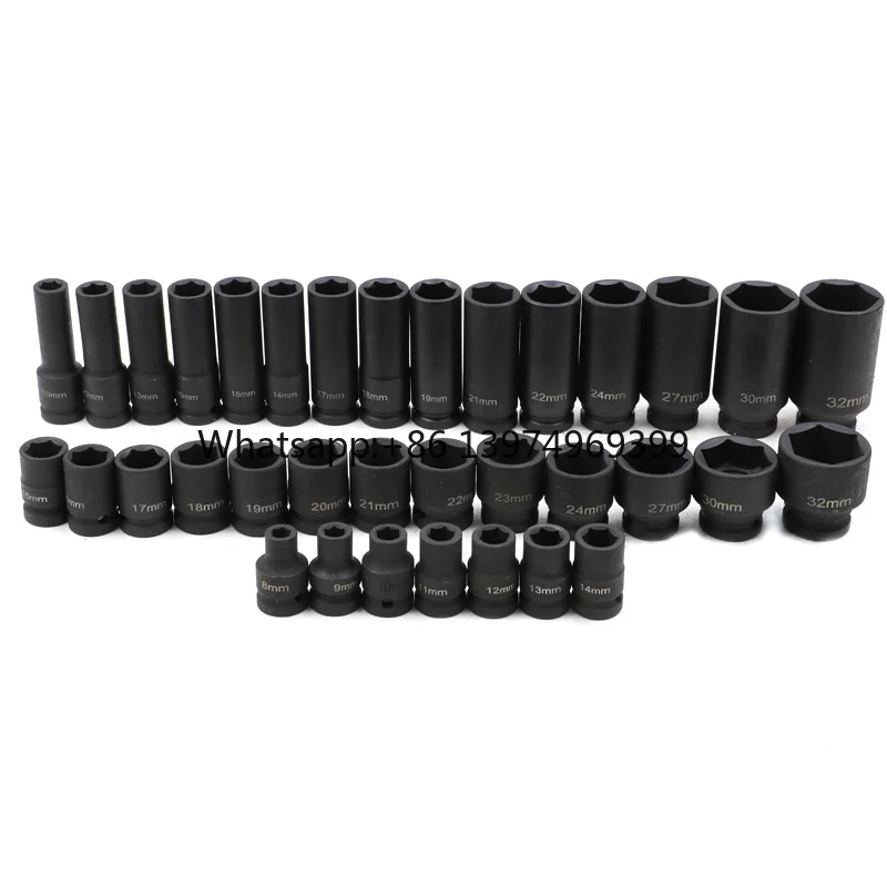 35 Pcs Half Inch Black Standard and Deep Metric Impact Universal Joint Mechanic Socket Set
