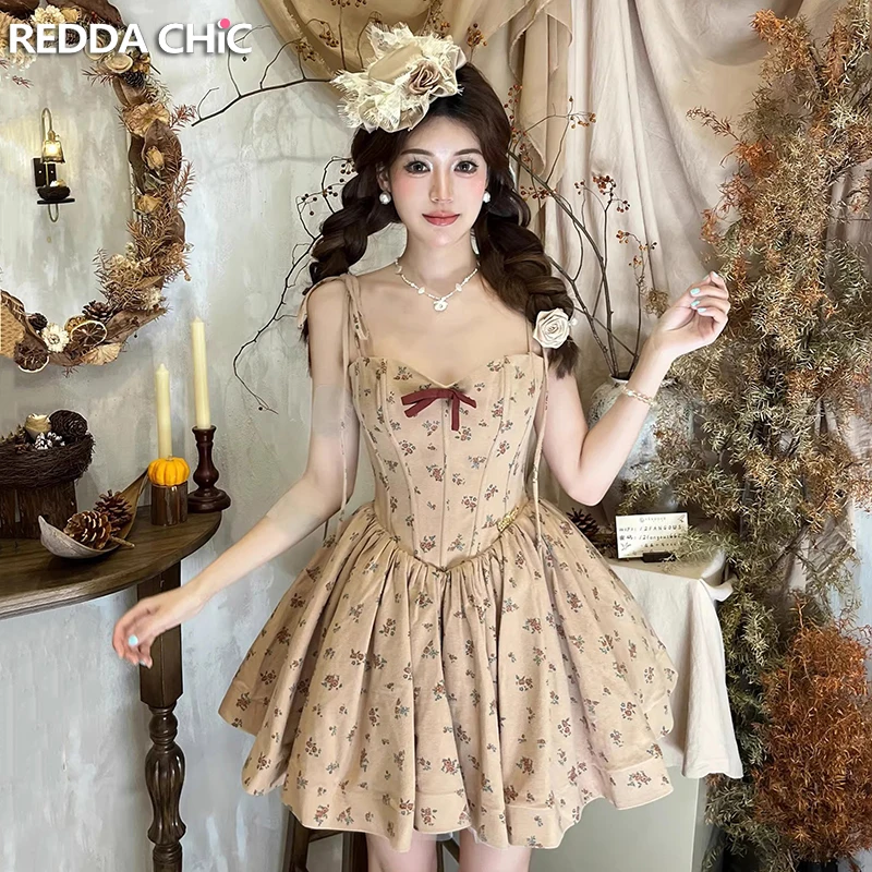 

Летнее платье REDDACHiC в стиле коттеджкор, винтажное, с цветочным принтом, бантом, корсетом, бандажным топом, рюшами, мини-платье для дня рождения, женская одежда
