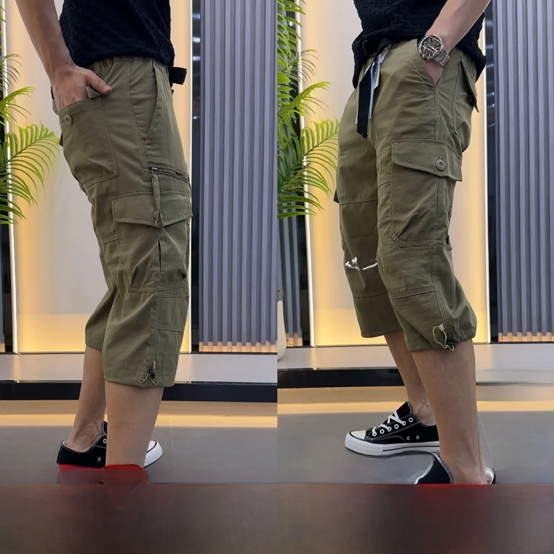 

Men's Casual Workwear Pants Multi-Pocket Lightweight Breathable Elastic Summer Polyester Fibre Straight Leg Seven-Foot Length