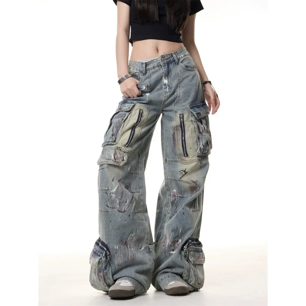 TWOTWINSTYLE Blauw Gesplitste Zak vrouwen Wijde Pijpen Broek Hoge Taille Retro Hot Girl Ontwerp Gevoel Jeans Vrouwelijke Zomer Nieuwe Mode