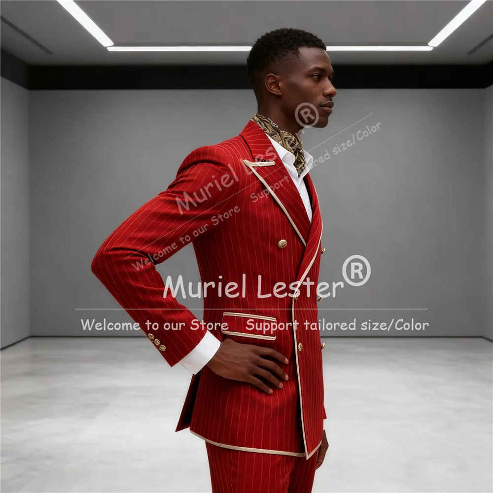 ネイビーストライプメンズスーツピークドラペルダブルブレスト2ピースジャケット+パンツスリムスマートカジュアルフォーマルパーティー新郎タキシード衣装