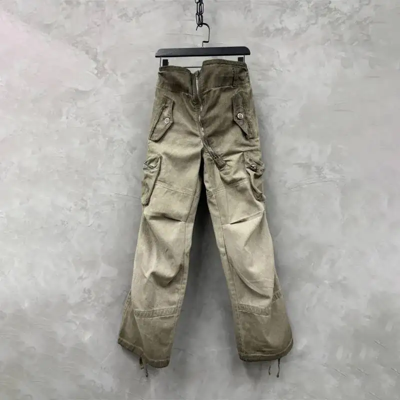 HKSH 男性ヘビーレトロウェイストランド洗浄レトロサファリスタイルカーゴパンツパンクパーソナライズされた斜めジッパーポケットオーバーオール HK4584