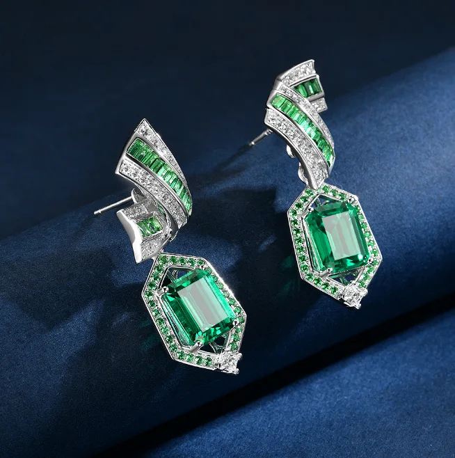 

New S925 silver rectangular 8 * 10mm fashionable earrings 3ct wood color emerald/sapphire high-end earrings wedding jewelry