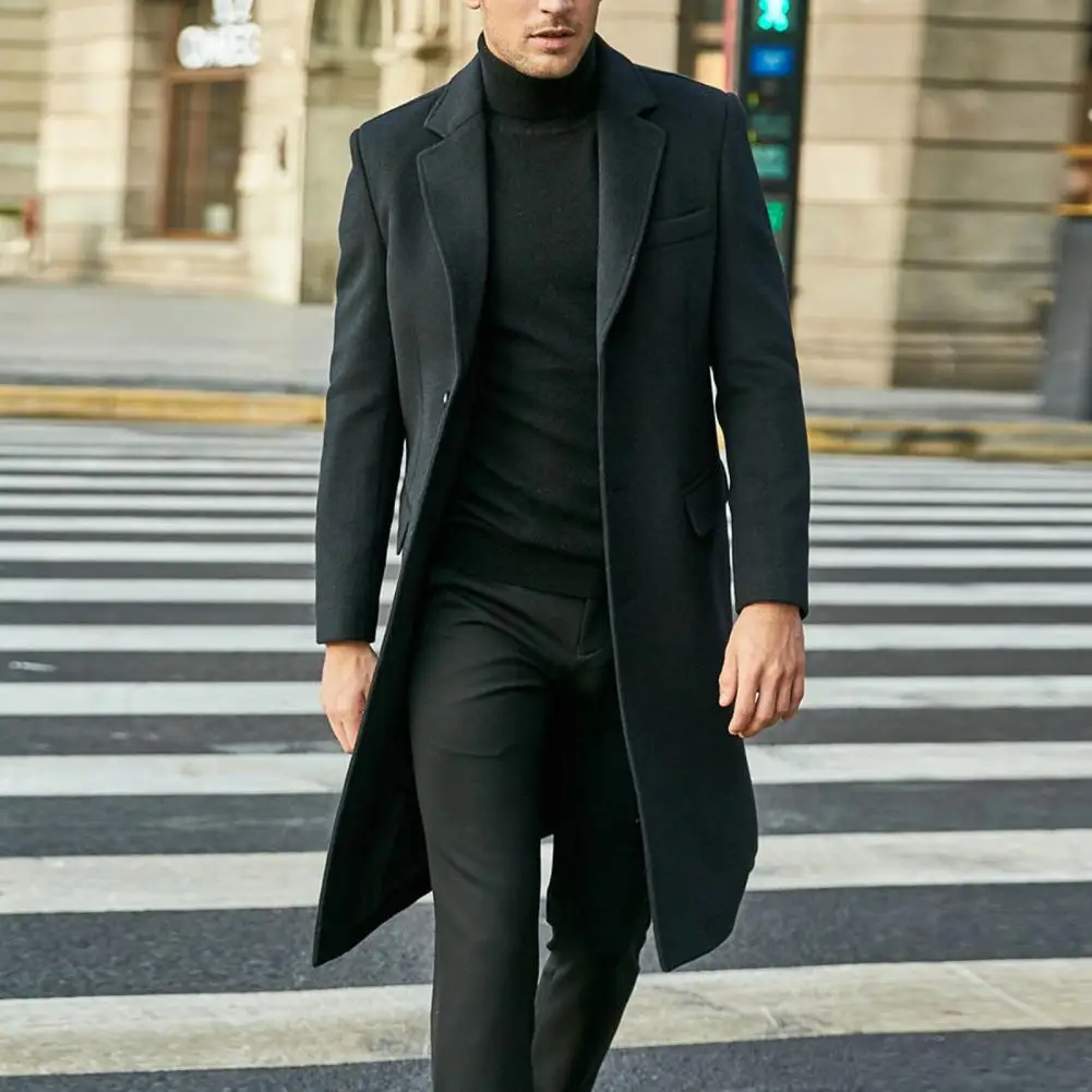 Men British Style Long Woolen Coat Autumn Winter Windbreaker Turn-down Collar Single-breasted Split Knee Length Trench Coat
