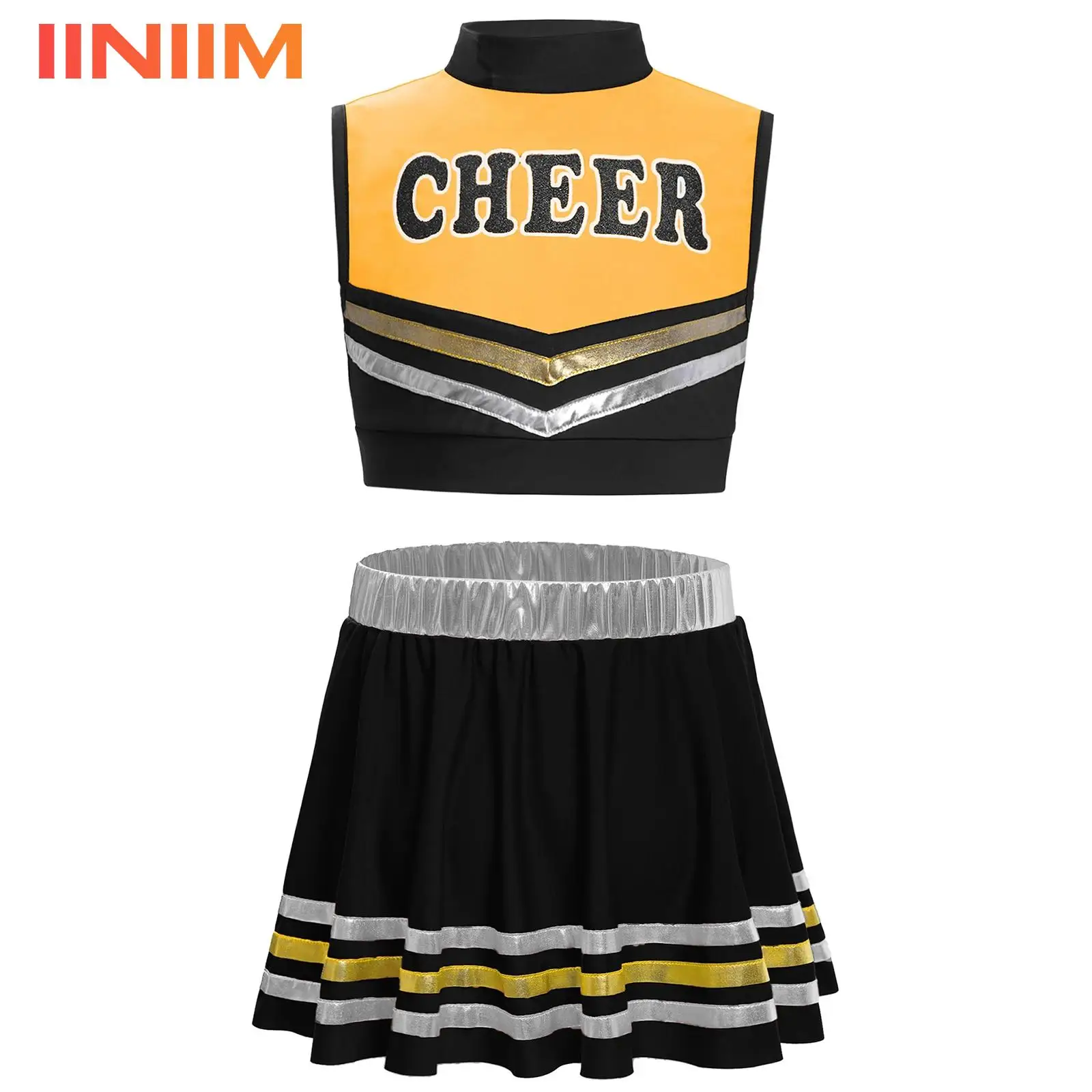 

Kids Girls Gymnastics Cheerleader Ballet Modern Dance Costume Cheerleading Uniform Letters Printed Crop Top with Metallic Skirt