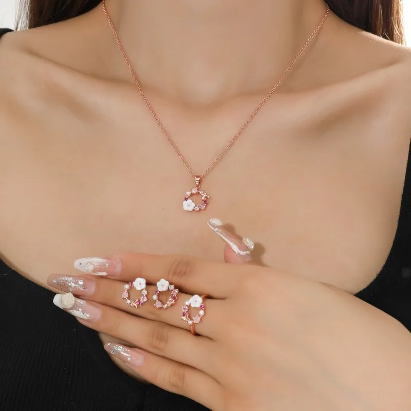 4 Pieces Rose Gold-color Lady Flower Fashion Accessories Simple Ornate Exquisite Necklace Ring Earrings Jewelry Set Women