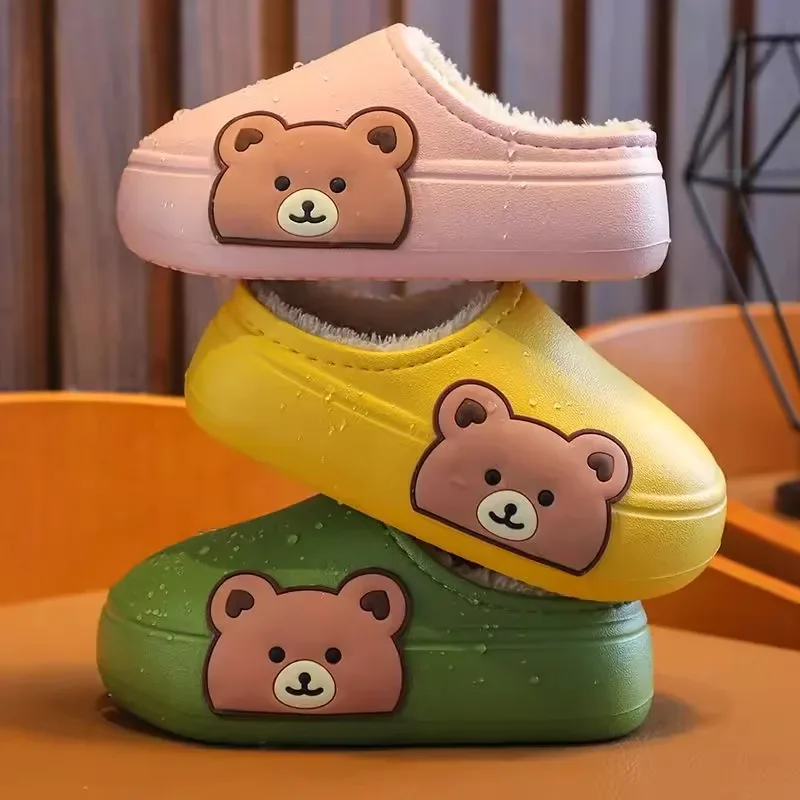 

New Waterproof and Anti Slip Thick Soled Children's Cotton Slippers with Velvet Autumn and Winter Leather Surface Cotton Shoes