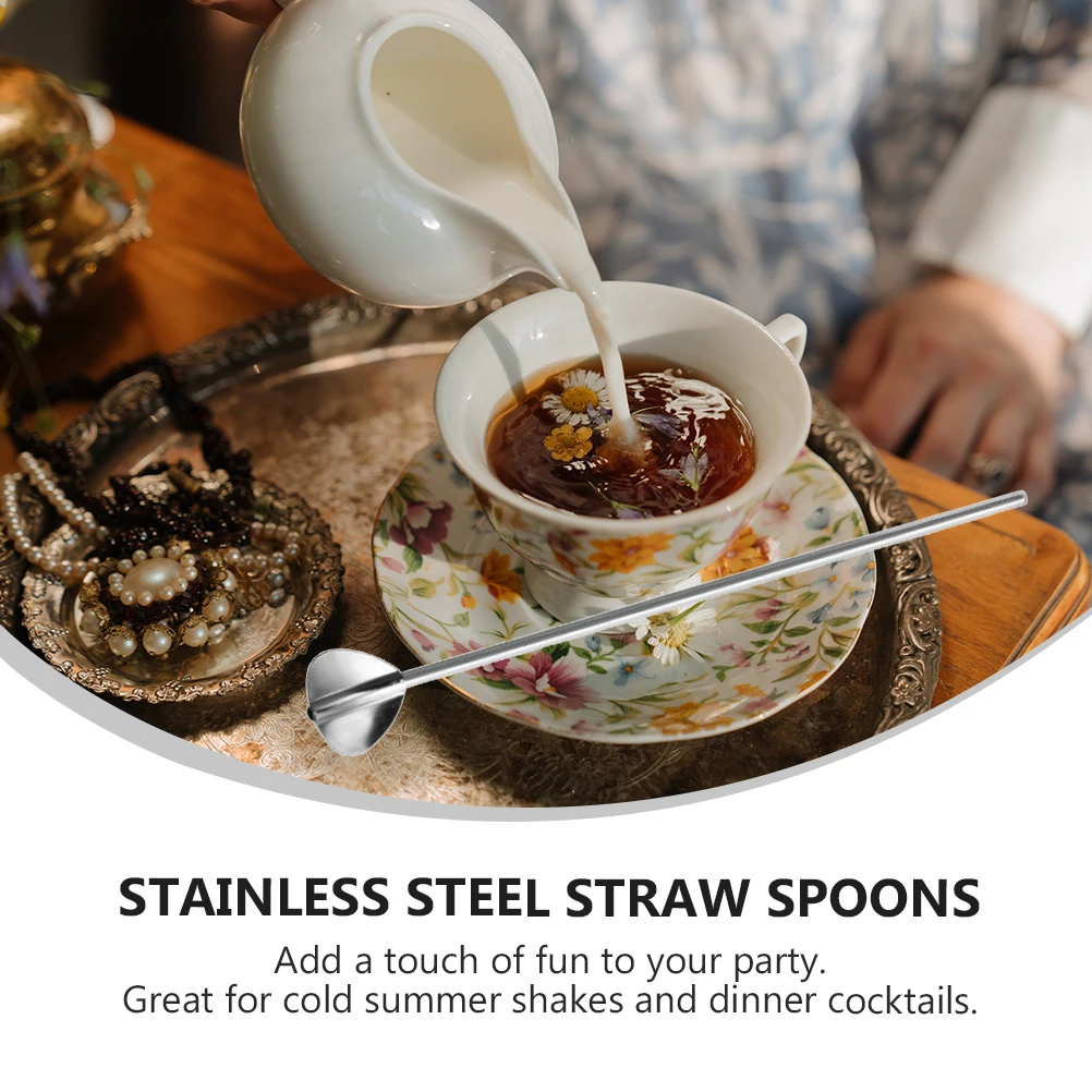 

4pcs Stainless Steel Straw Spoon Rust Resistant Smooth Surface For Dessert Coffee Cake Watermelon Home Tableware Stirring Spoons