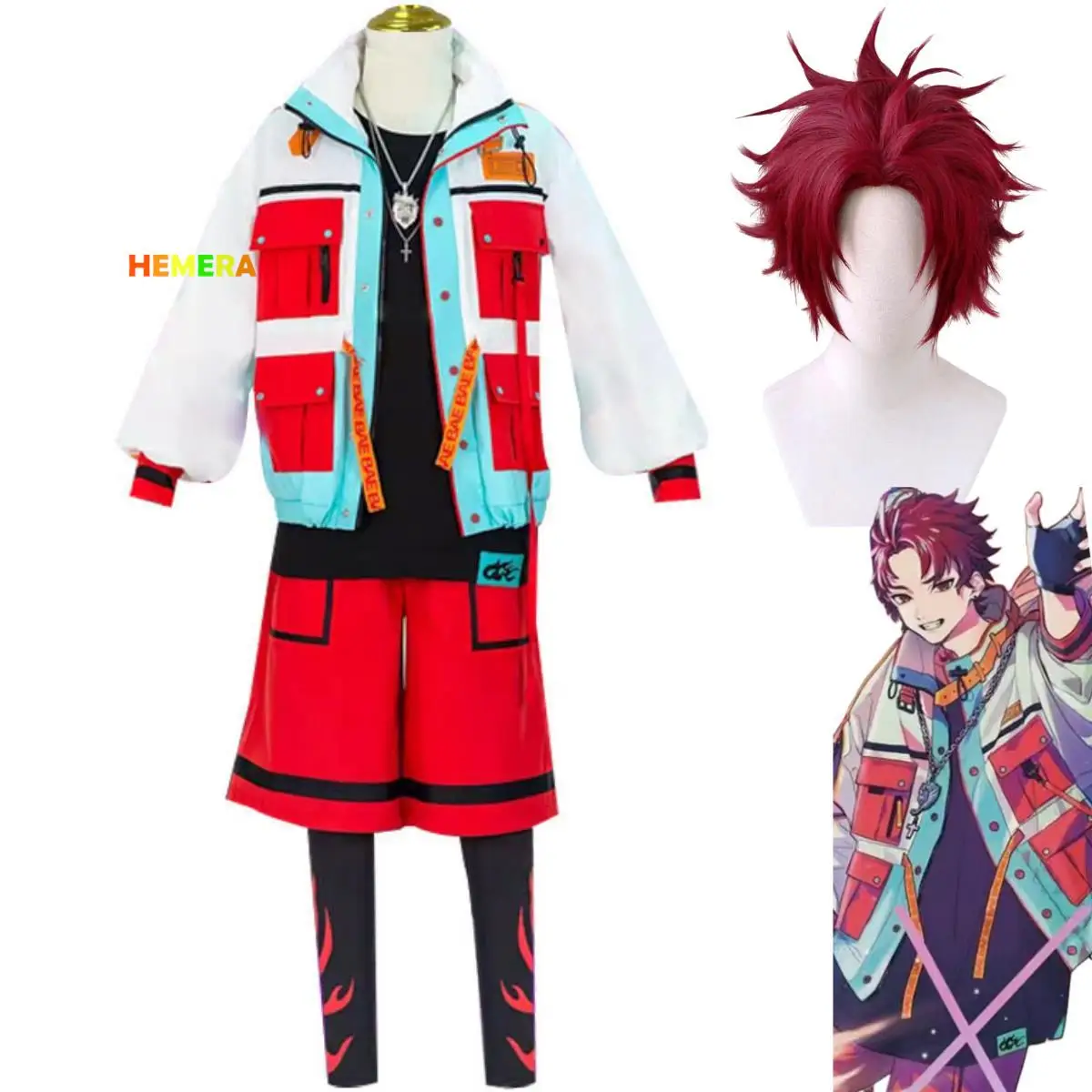 

Anime Paradox Live Ugasano Allen Cosplay Costume MC SUZAKU Wig Hip Hop Rapper Coat Sportswear Full Set Man Carnival Party Suit