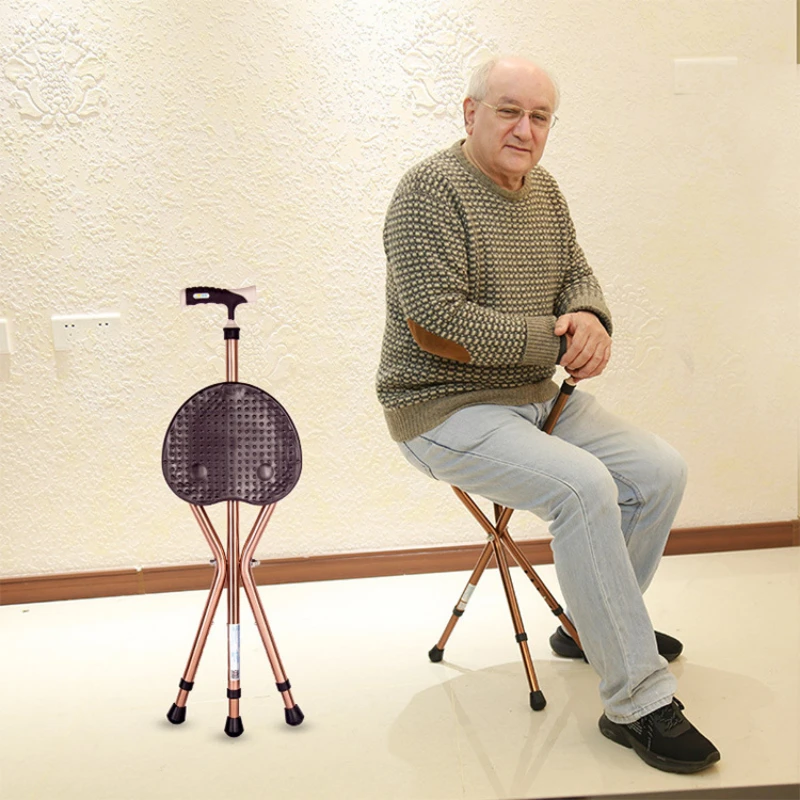 Elderly Cane Stool Aluminum Alloy Thickened Adjustable Lightweight Stable Three-legged Cane Folding Hand Cane Chair with Light