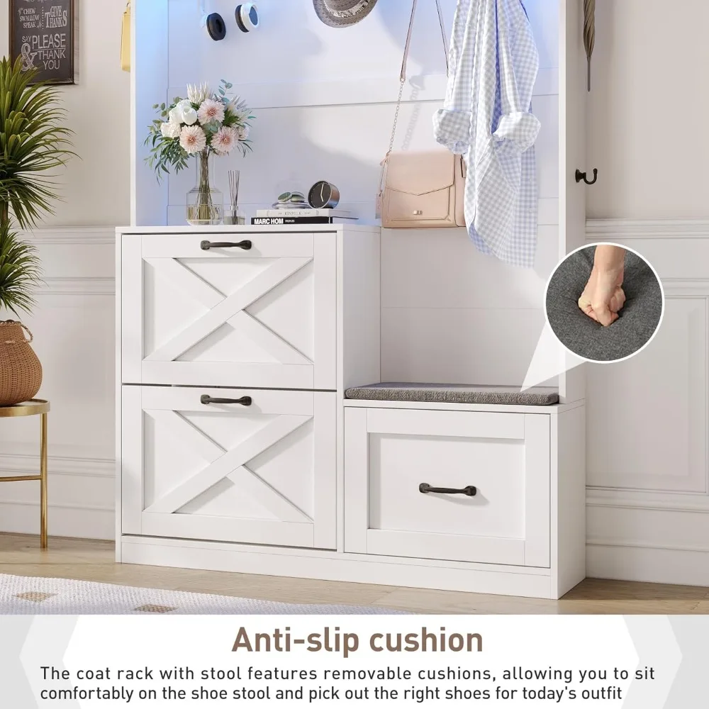 مقعد مدخل لتخزين الأحذية مع رف معطف، وأضواء LED، وشجرة قاعة طويلة 78 تتميز بـ 9 خطافات معطف